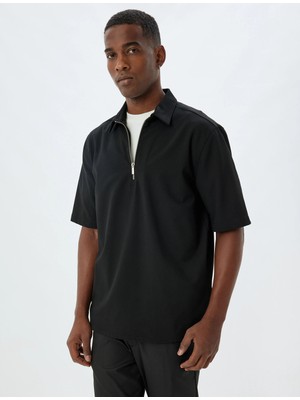 Koton Kısa Kollu Boxy Fit Viskon Karışımlı Yarım Fermuarlı Yaka Tişört