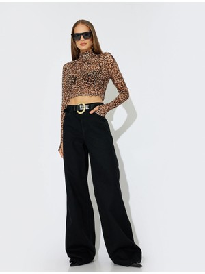 Koton x Zeynep Bastık - Crop Leopar Bluz Drapeli Dik Yaka Uzun Kollu