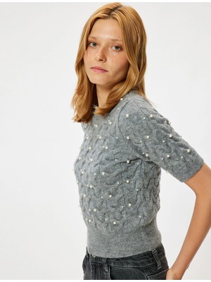 Koton Kısa Kollu Triko Kazak Inci Işlemeli Saç Örgü Desenli