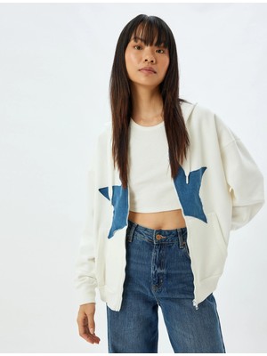 Koton Oversize Fermuarlı Sweatshirt Kapüşonlu Yıldız Işlemeli Cep Detaylı