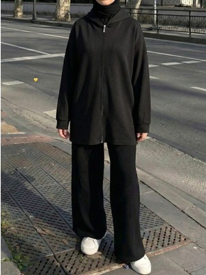 Foremia Kapşon Detay Fermuarlı Hırka-Siyah -