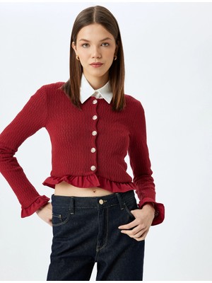 Koton Crop Hırka Düğmeli Fırfır Detaylı Bisiklet Yaka Slim Fit