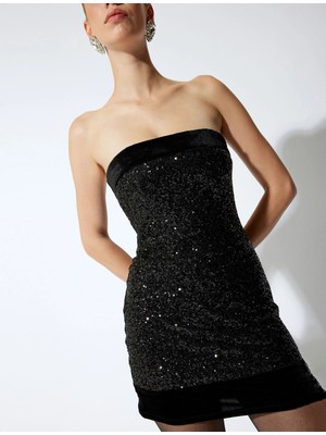 Koton Straplez Pullu Payetli Mini Slim Fit Kolsuz Abiye Elbise