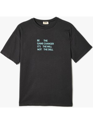 Koton Oversize T-Shirt Slogan Baskılı Kısa Kollu Bisiklet Yaka Pamuklu