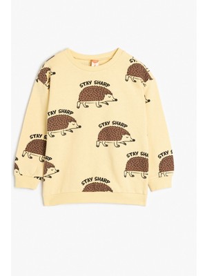 Koton Sweatshirt Uzun Kollu Bisiklet Yaka Kirpi Baskılı Şardonlu Pamuklu