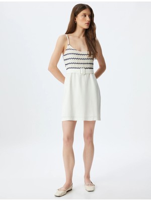 Koton Kroşe Detaylı Mini Askılı Elbise Kemer Detaylı Astarlı Keten Karışımlı