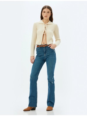 Koton Ispanyol Paça Kot Pantolon Yıpratılmış Yüksek Bel Slim Fit - Flare Jeans