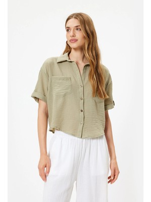 Koton Cepli Gömlek Kısa Kollu Düşük Omuz Klasik Yaka