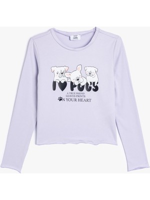 Koton Köpek Baskılı Crop Tişört Uzun Kollu Bisiklet Yaka