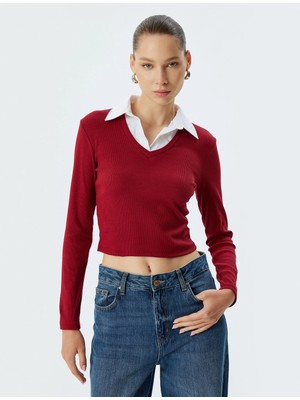 Koton Gömlek Yaka Tişört Uzun Kollu Kaşkorse Pamuklu Slim Fit