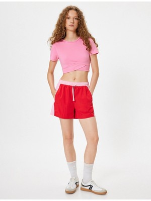 Koton Oversize Spor Şort Yüksek Bel Biyeli Beli Bağcıklı Renk Bloklu Cepli