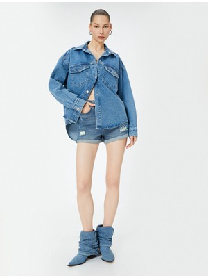 Koton Mini Kot Şort Yüksek Bel Skinny Fit Yıpratılmış Cepli