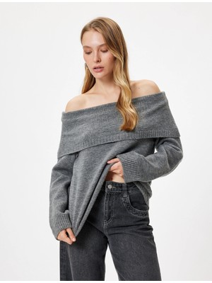 Koton Triko Omzu Açık Kazak Yumuşak Dokulu Uzun Kollu