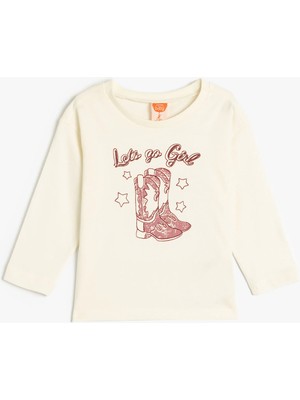 Koton T-Shirt Uzun Kollu Baskı Detaylı Bisiklet Yaka Pamuklu