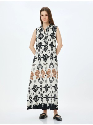 Koton Keten Karışımlı Kolsuz Etnik Desenli Uzun Gömlek Elbise