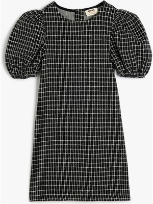 Koton Bisiklet Yaka Balon Kollu Pamuk Karışımlı Kareli Elbise