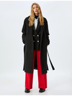 Koton Kemerli Cepli Kruvaze Ekstra Uzun Kaşe Kaban