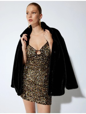 Koton Pullu Payetli Slip Abiye Elbise Mini Kolsuz Pencere Detaylı V Yaka Slim Fit