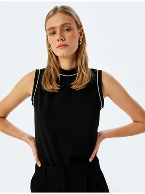Koton Slim Fit Taşlı Kolsuz Tişört Erkek İçin Polyester Karışımlı Siyah Günlük Kullanım