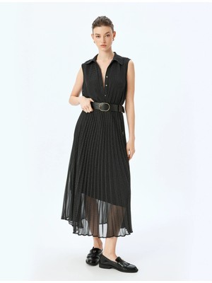 Koton Gömlek Yaka Astarlı Kolsuz Uzun Pileli Puantiyeli Şifon Elbise