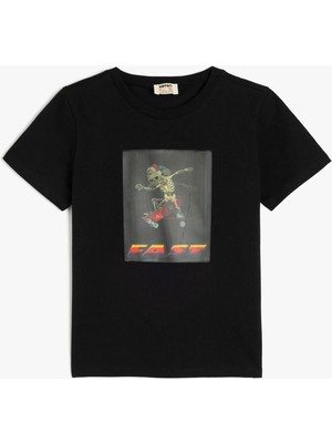 Koton Iskelet Baskılı Bisiklet Yaka Kısa Kollu Pamuklu Tişört