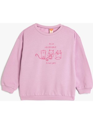 Koton Sweatshirt Uzun Kollu Kedi Baskılı Bisiklet Yaka Şardonlu Pamuklu