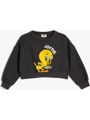 Koton Crop Sweatshirt Tweety Baskılı Lisanslı Şardonlu Uzun Kollu