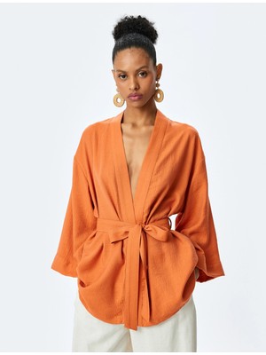 Koton Viskon Bol Kalıp Uzun Geniş Kollu Kemerli Şal Yaka Kimono