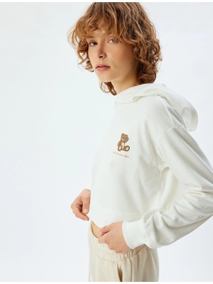 Koton Kapüşonlu Crop Sweatshirt Pijama Üstü Ayıcık Işlemeli Pamuklu Üç Iplik