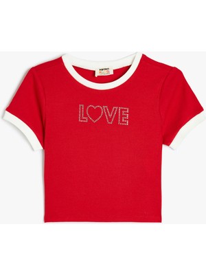 Koton Pamuklu Bisiklet Yaka Baskılı Crop Tişört