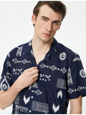 Koton Etnik Desenli Gömlek Devrik Yaka Kısa Kollu Düğmeli