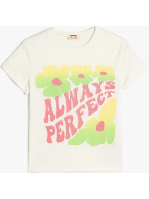 Koton T-Shirt Kısa Kollu Bisiklet Yaka Slogan Baskılı Sim Detaylı Pamuklu