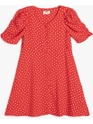 Koton Puantiyeli Elbise Balon Kollu Düğme Kapamalı Viskon Kumaş