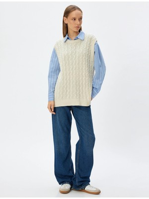 Koton Oversize Süveter Saç Örgü Dokulu Bisiklet Yaka Kolsuz