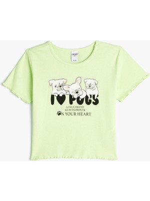Koton Crop Tişört Köpek Baskılı Kısa Kollu Yuvarlak Yaka Pamuklu