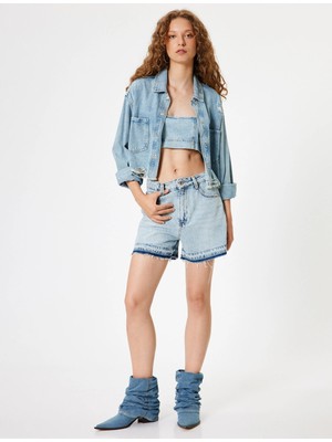 Koton Mini Kot Şort Yüksek Bel Kesik Püsküllü Paça Düğmeli Cepli Pamuklu