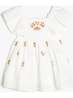 Koton Elbise Fırfırlı Gipeli Çiçek Işlemeli Pamuklu