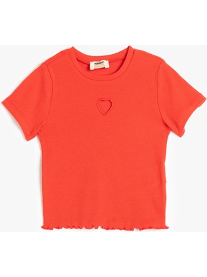 Koton Pamuklu Kalp Detaylı Kısa Kollu Bisiklet Yaka Basic Crop Tişört