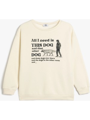 Koton Sweatshirt Köpek Baskılı Bisiklet Yaka Uzun Kollu Şardonlu
