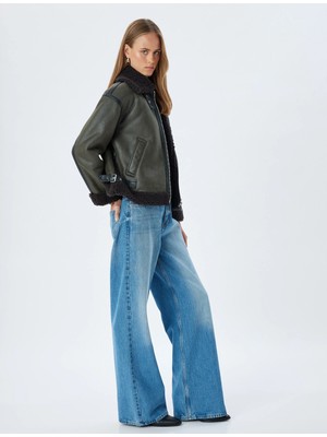 Koton Suni Deri Kısa Oversize Biker Ceket Suni Kürklü Peluş Astarlı Cepli