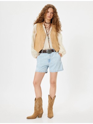 Koton Mini Kot Şort Yüksek Bel Düğmeli Cepli Rahat Kalıp Pamuklu