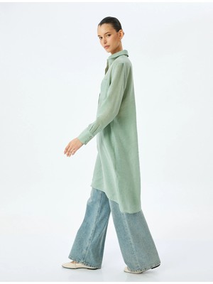 Koton Cepli Düğmeli Gömlek Yaka Keten Karışımlı Uzun Oversize Tunik