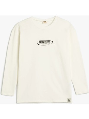 Koton Oversize T-Shirt Slogan Baskılı Uzun Kollu Bisiklet Yaka Pamuklu