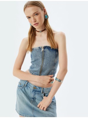 Koton Crop Üst Denim Fermuarlı Straplez Yaka Kolsuz Slim Fit