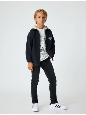 Koton Siyah Kapşonlu Cepli Pamuklu Gömlek Ceket Erkek Çocuk 11 - 12 Yaş Uzun Kol Modeli