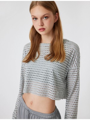 Koton Oversize Crop Spor Tişört Bisiklet Yaka Ajurlu Uzun Kollu