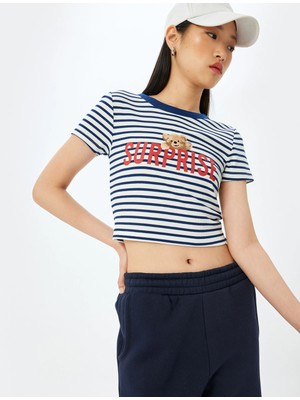 Koton Kısa Kollu Slim Fit Bisiklet Yaka Baskılı Crop Tişört
