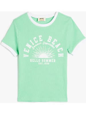 Koton Bisiklet Yaka Kısa Kollu Slogan Baskılı Pamuklu Tişört