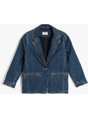 Koton Pamuklu Uzun Kollu Cep Detaylı Kruvaze Yaka Denim Ceket