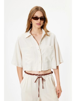 Koton Crop Oversize Gömlek Viskon Keten Karışımlı Düğmeli Kısa Kollu Cepli